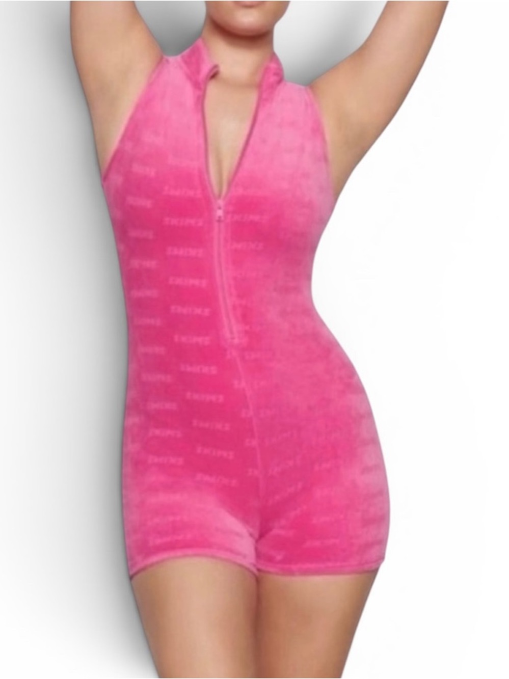 SKIMS Hot Pink Velour Zip-Front Sleeveless Romper in Hot